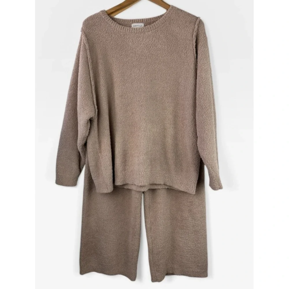 Softies Cozy Teddy Reverse Seam Crew Neck LS Top Pants Lounge Set Brown Size XL - Picture 2 of 16